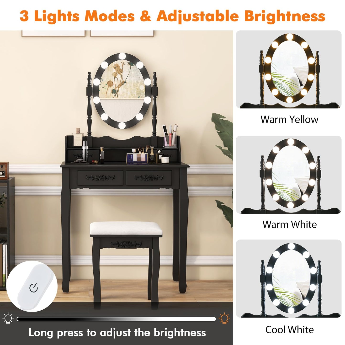 Vanity Desk with Lights 2-in-1 Makeup Table with 3 Modes Adjustable Lighted LED Mirror & Cushioned Stool