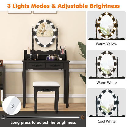 Vanity Desk with Lights 2-in-1 Makeup Table with 3 Modes Adjustable Lighted LED Mirror & Cushioned Stool