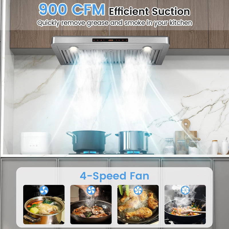 ARLIME 36"/29.5" Under Cabinet Range Hood, 900CFM Stainless Steel Stove Vent Hood w/ 4-Speed Fan