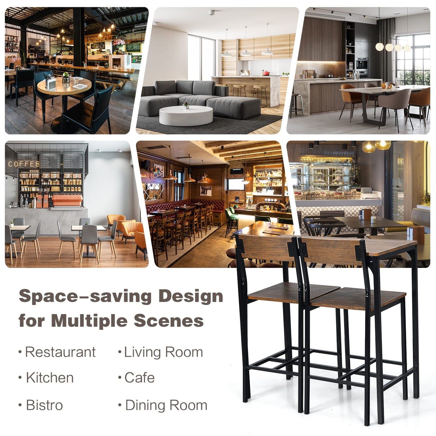 3 Pieces Bar Table Set Pub Table Set W/Heavy Duty Steel Frame