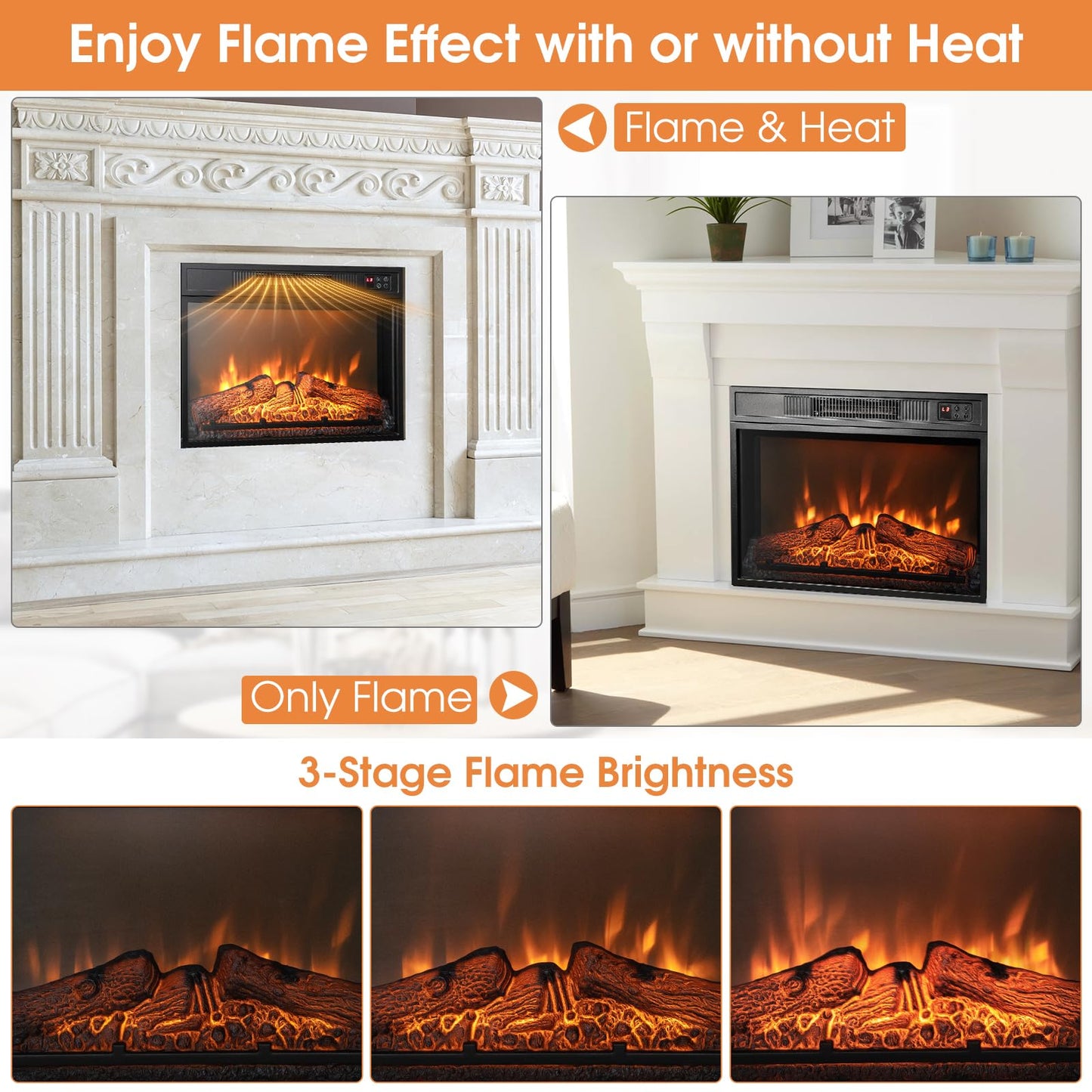 23-Inch Electric Fireplace Insert, 1400W Recessed Fireplace Heater with Remote Control, Thermostat