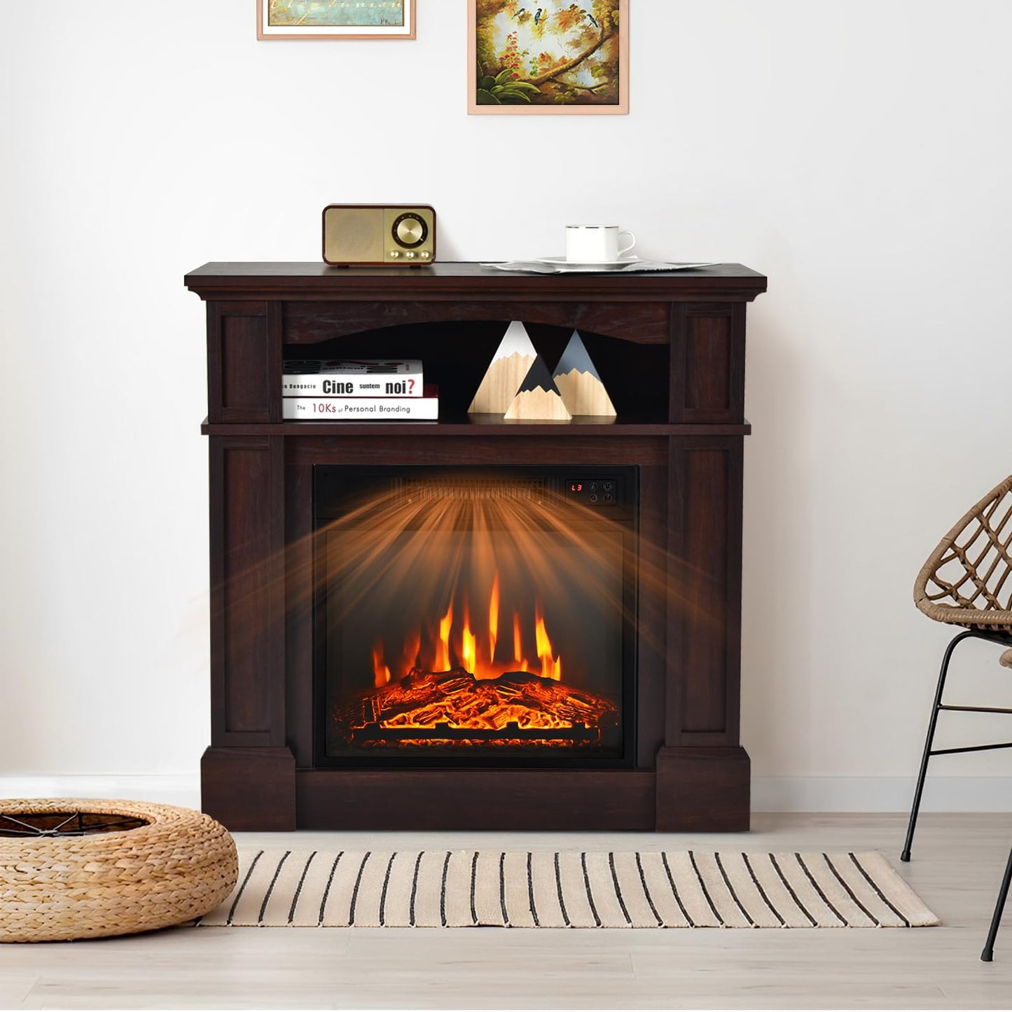 32-inch Electric Fireplace with Mantel, 1400W Adjustable Freestanding Heater with Remote Control
