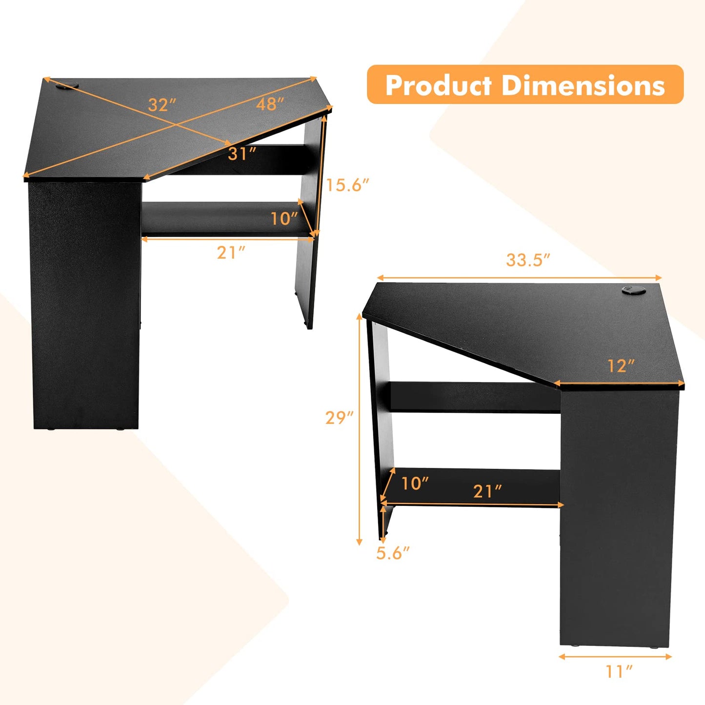 Corner Computer Desk Space-Saving Triangular Writing Desk w/ 2 Storage Shelves & 2 Cable Holes