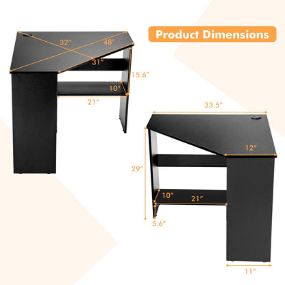 Corner Computer Desk Space-Saving Triangular Writing Desk w/ 2 Storage Shelves & 2 Cable Holes