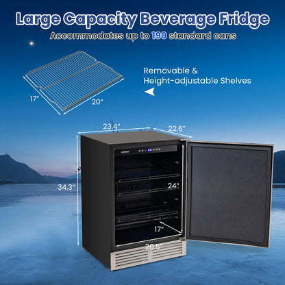 24 Inch Beverage Fridge, 190 Cans Under Counter Drink Fridge w/Stainless Steel Door & Removable Shelves