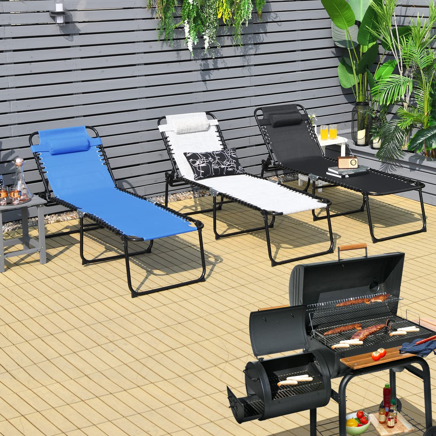 Folding Chaise Lounge Chair Foldable Pool Lounger with 4-Position Adjustable Backrest