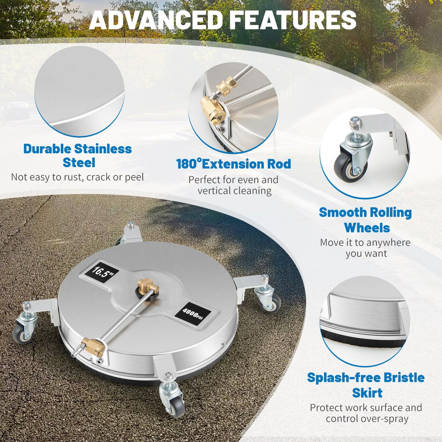 16.5" Pressure Washer Surface Cleaner, Undercarriage Pressure Washer Attachment w/Casters