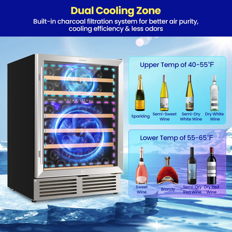 24 Inch Wine Cooler, 51 Bottles Dual Zone Wine Refrigerator w/Stainless Steel Tempered Glass Door