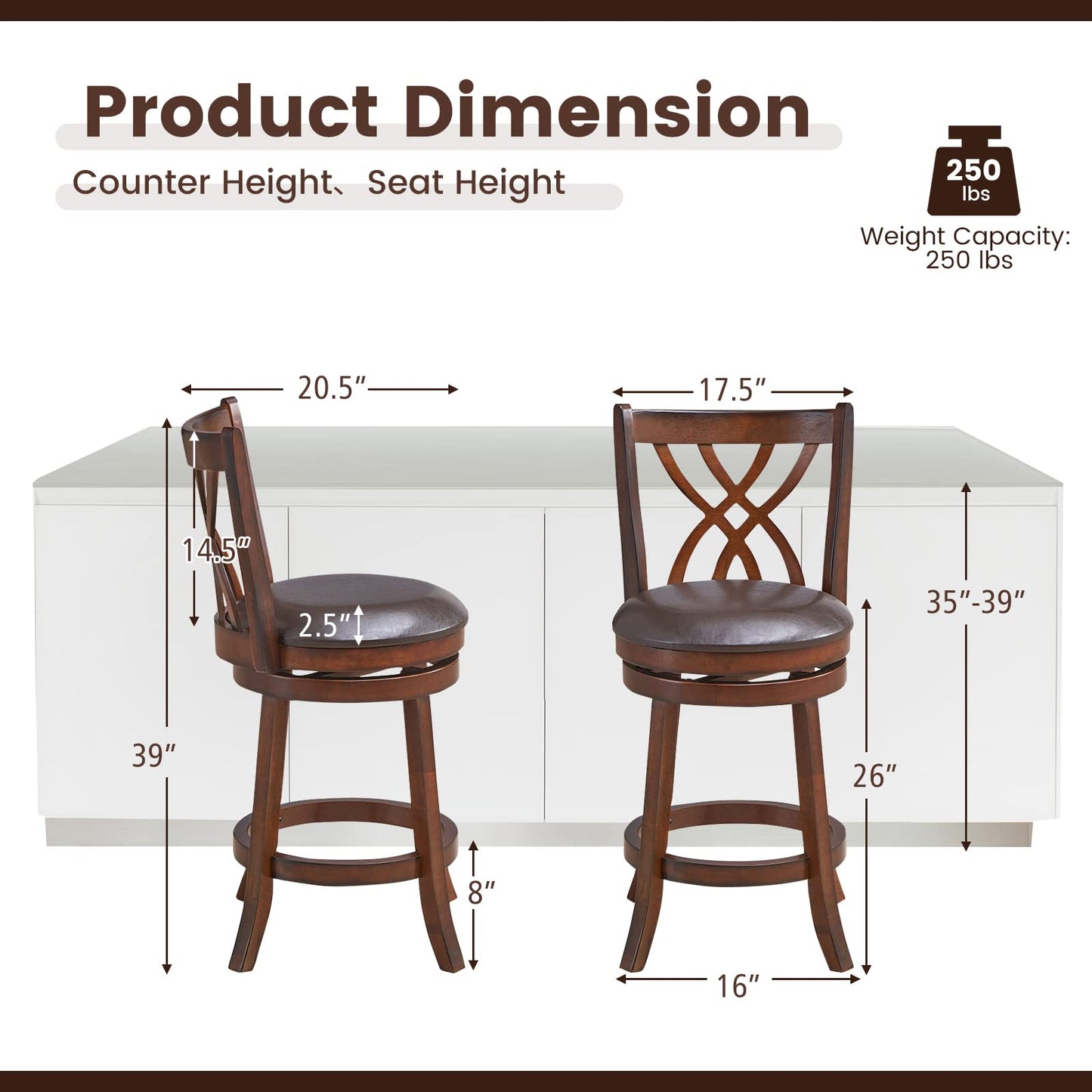360° Swivel Chairs Bar Stools with Rubber Wood Frame PU Leather Cushioned Seat and Footrests