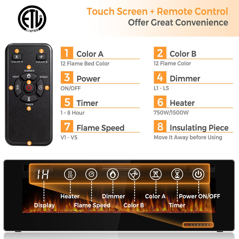 750W/1500W Wall Recessed and Mounted Fireplace with Remote Control (60-Inch)