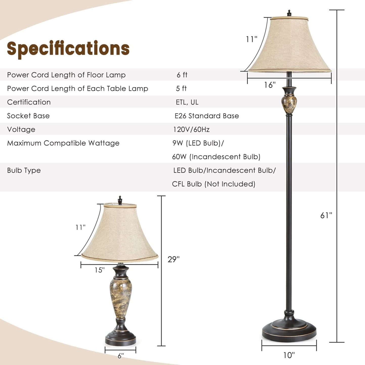 Table and Floor Lamp Set, 3-Piece Traditional Style Lamp Set