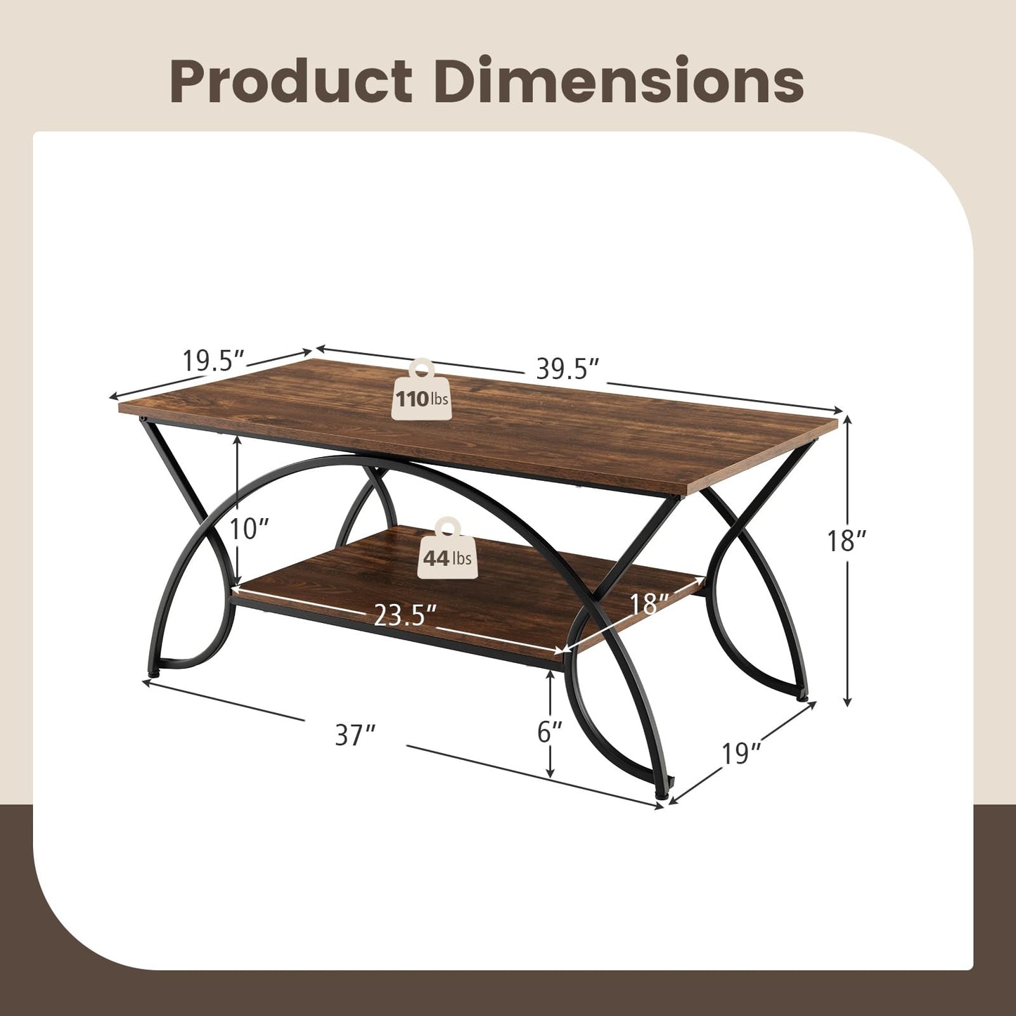 2-Tier Coffee Table Industrial Wood Accent Table with Storage Shelf and Black Finished Metal Frame
