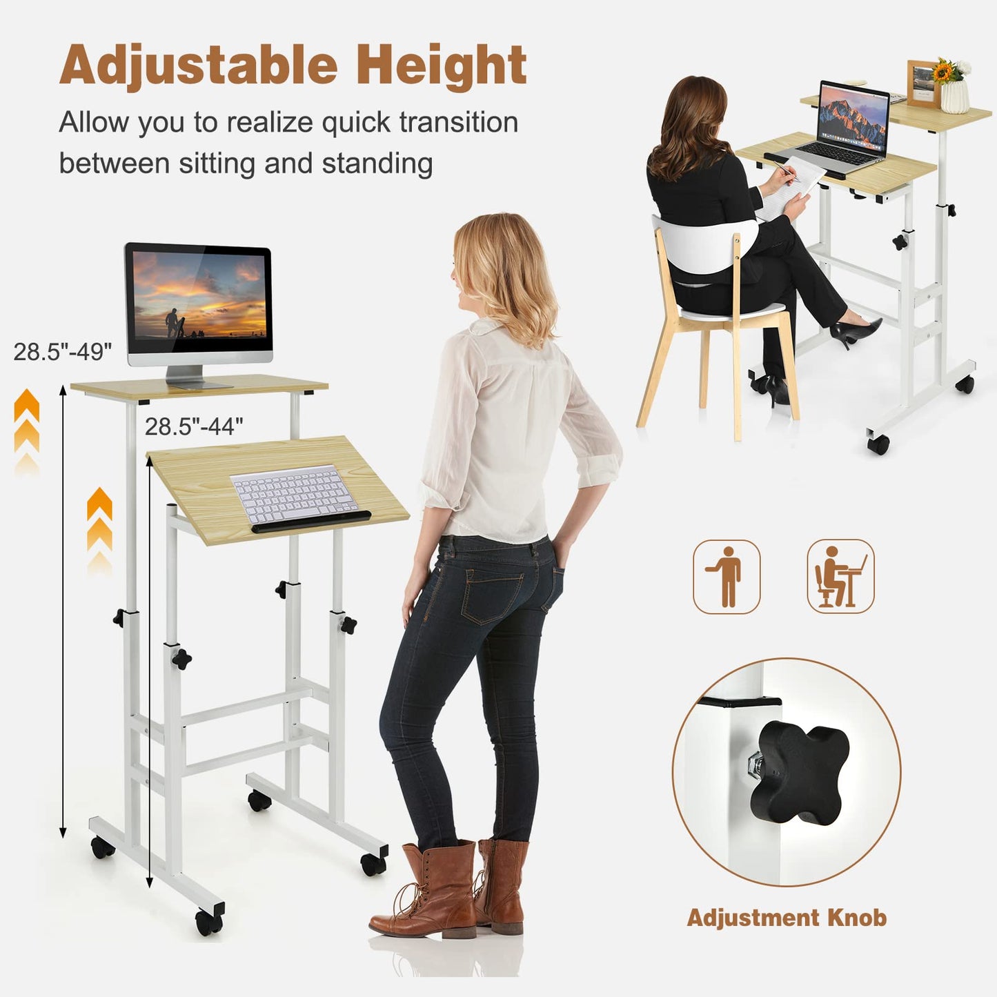 Height Adjustable Rolling Laptop Cart w/Tilting Desktop for Standing or Sitting