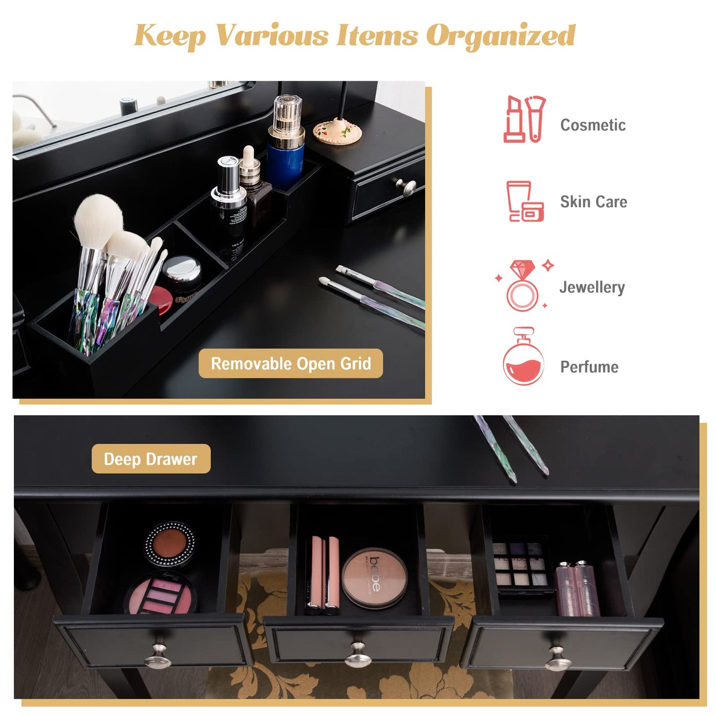 Vanity Desk and Cushioned Stool Set with 5 Storage Drawers