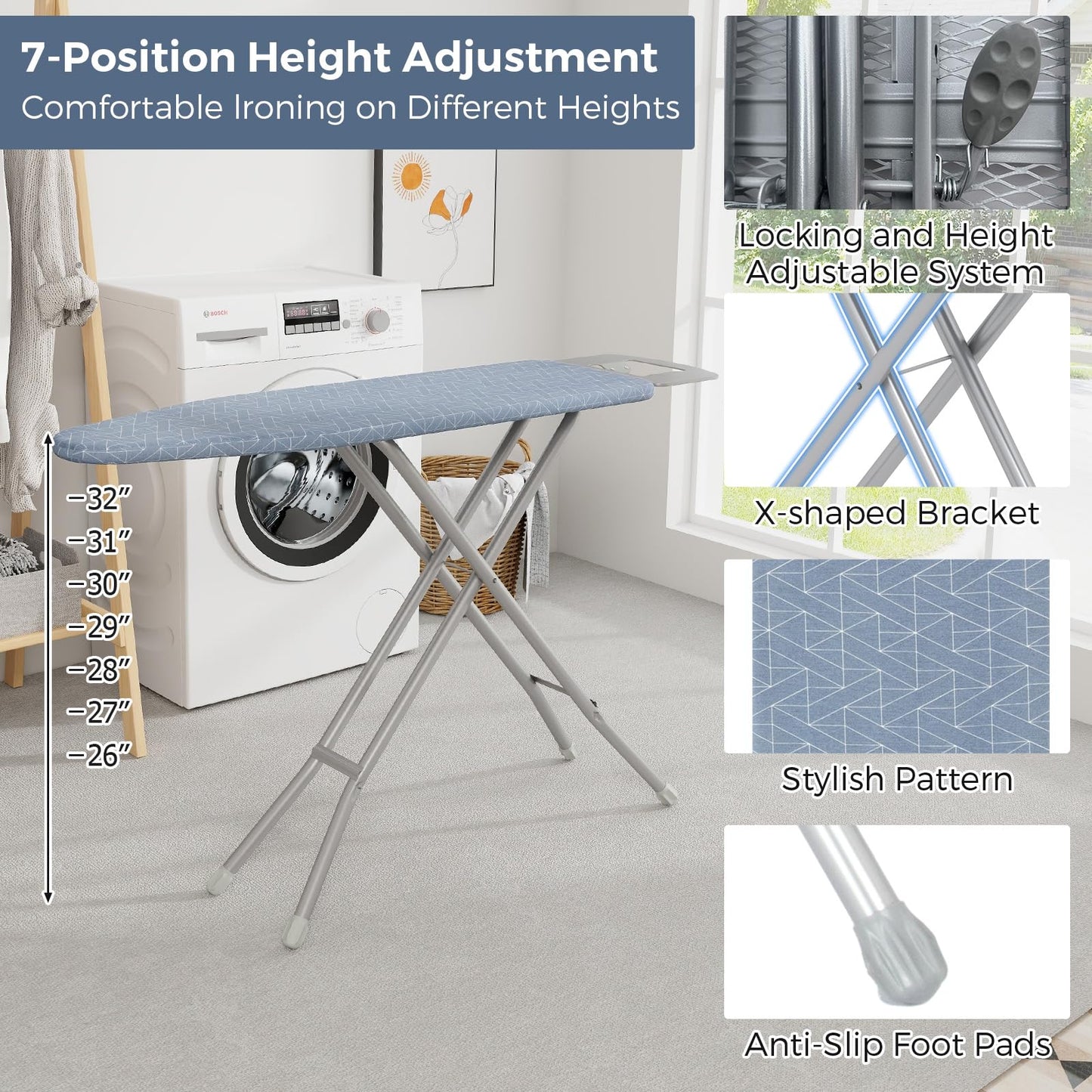 Ironing Board with Iron Rest Full Size Iron Stand with 3 Layers Extra Thick Cover