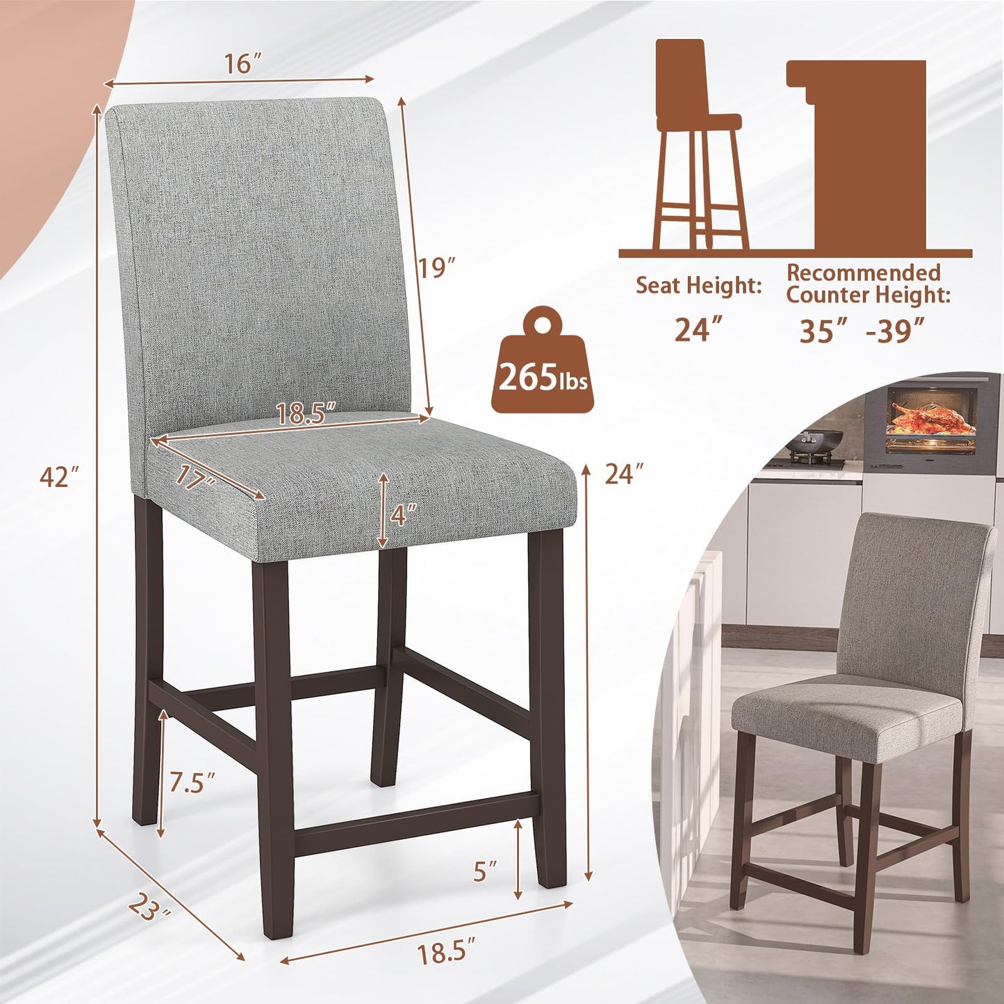 Bar Stools Set of 2/4 Counter Height Bar Stools with Rubber Wood Legs & Ergonomic Back