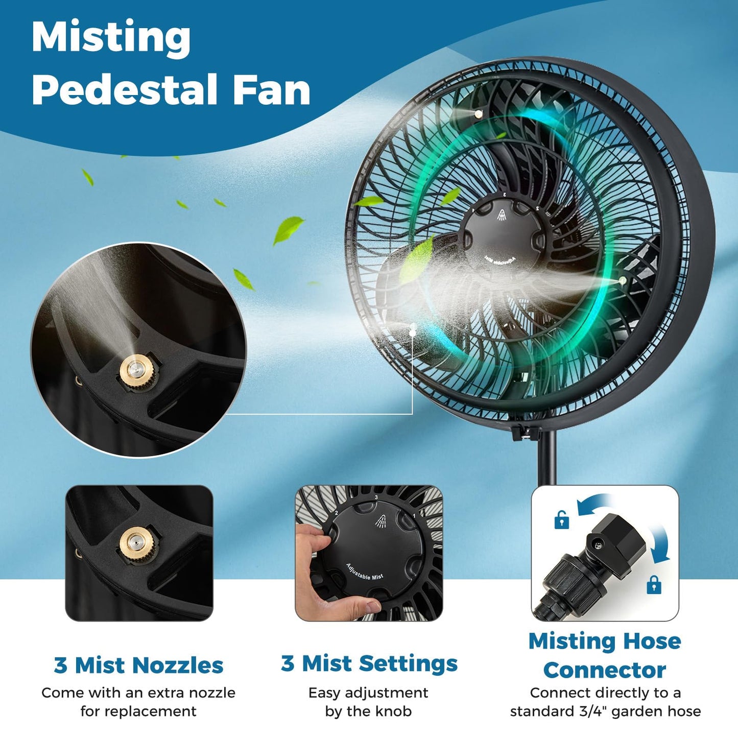 ARLIME Misting Pedestal Fan, 16 Inch Oscillating Fan with Hose Connector