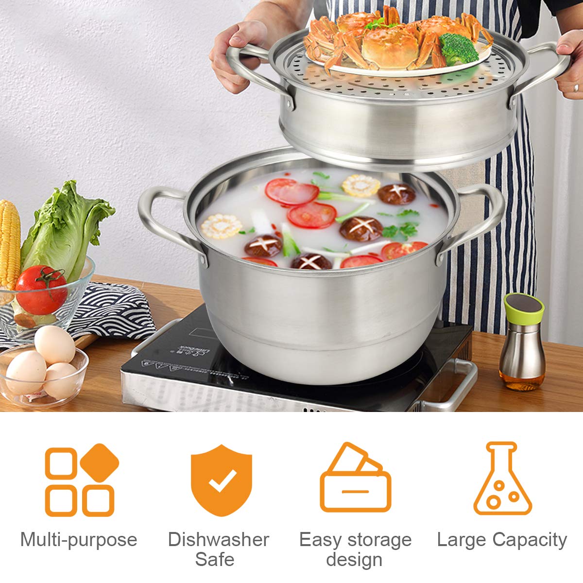 4-Tier Steamer for Cooking 11 Inch Stainless Steel Steamer Pot