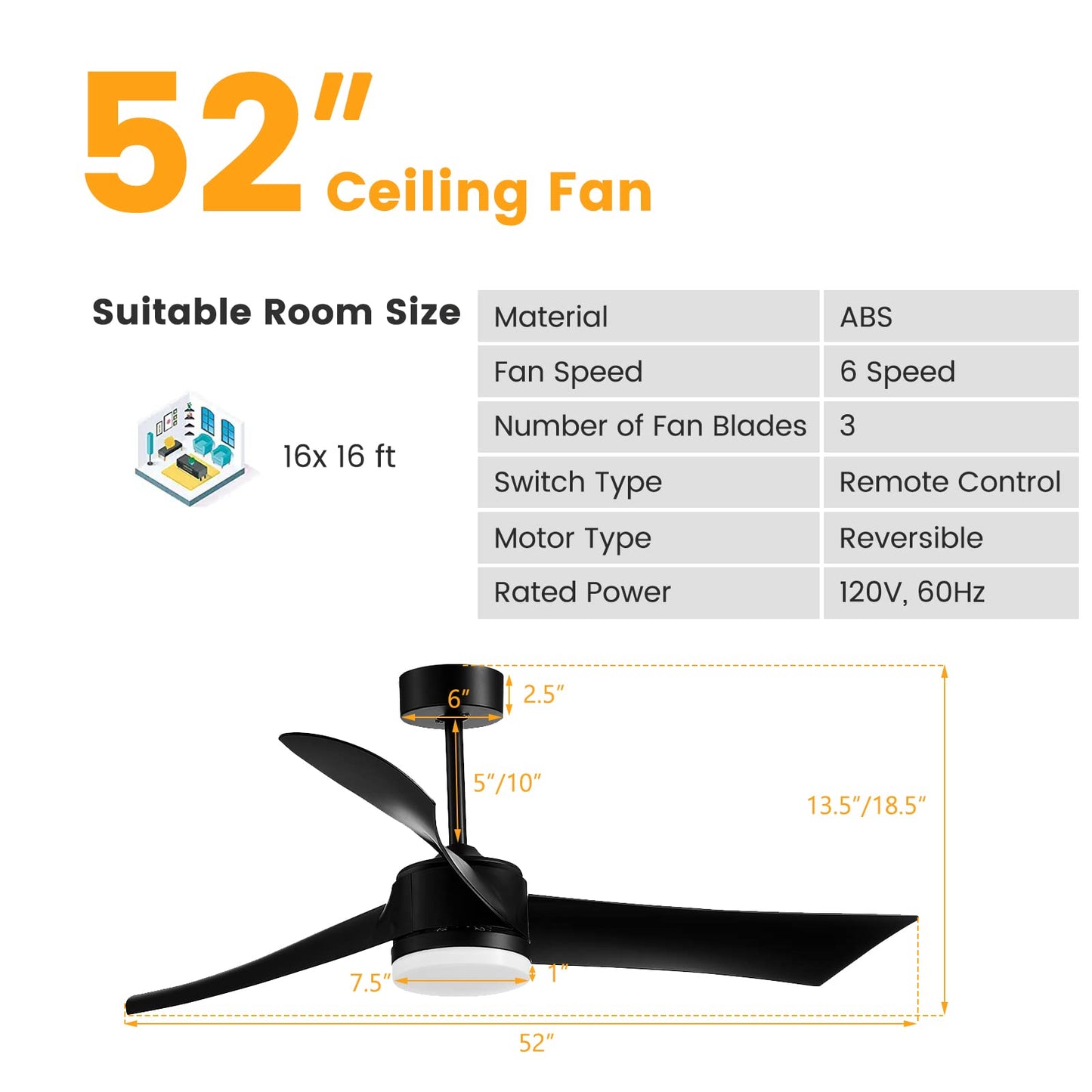 52 Inch Ceiling Fan with Light, Indoor Outdoor LED Ceiling Fan w/Remote Control, 6-Level Adjustable Speed