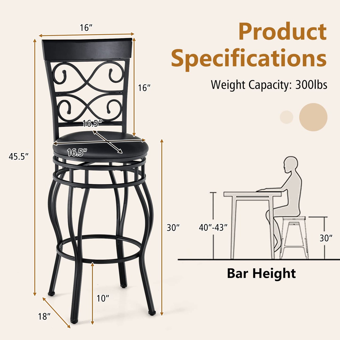 Bar Stools Set of 2 with Back for Kitchen Island