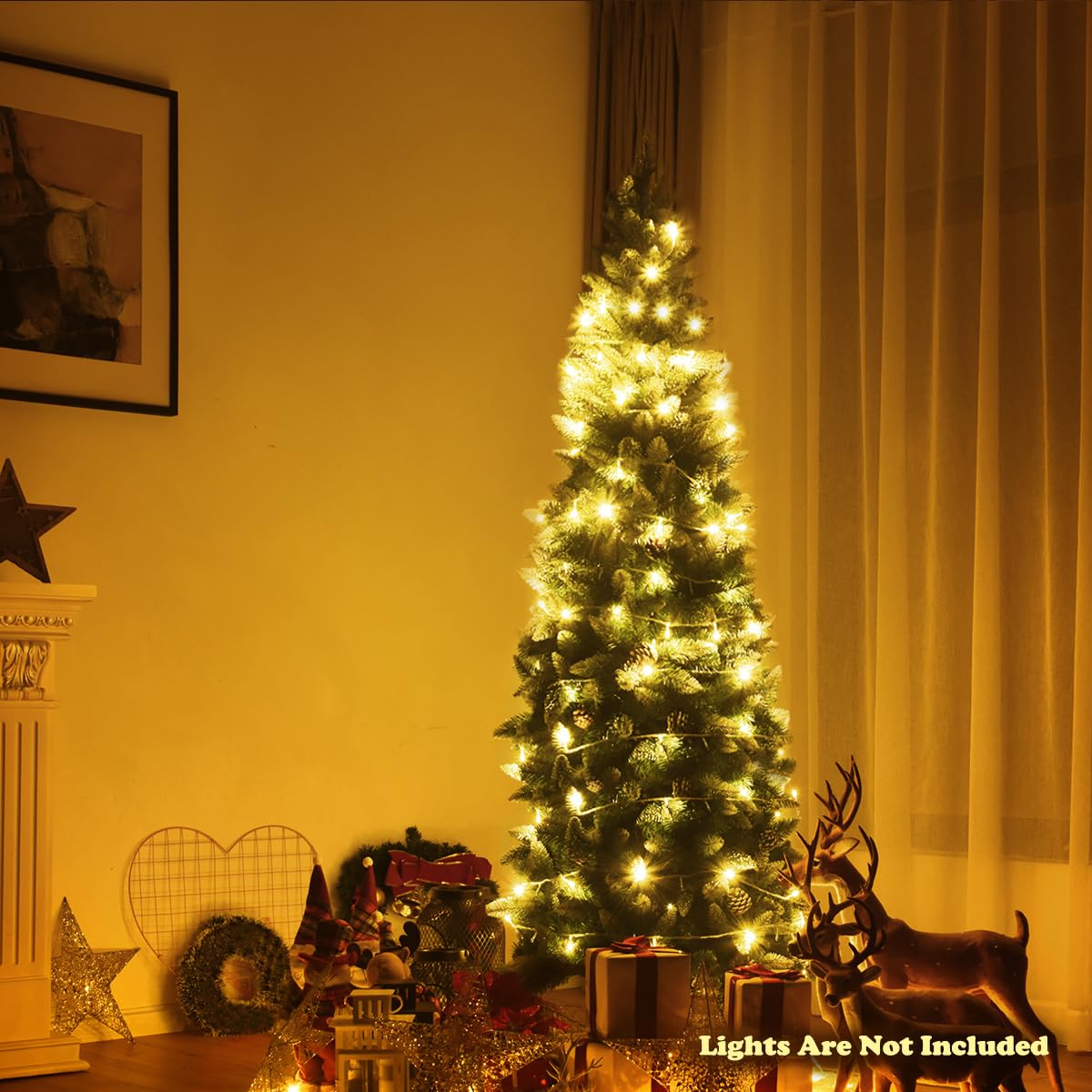 7.5FT Artificial Snow Flocked Pencil Christmas Tree Slim X-mas Tree with 720 Branch Tips