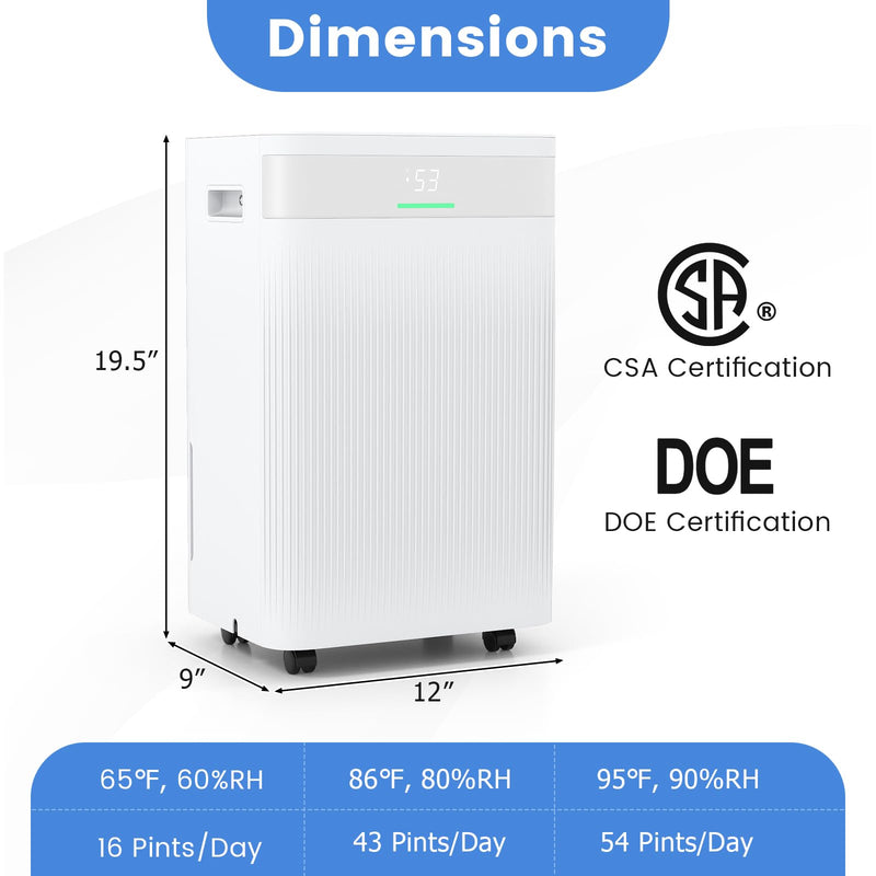 54 Pints Dehumidifier for Basement for Bathroom Bedroom
