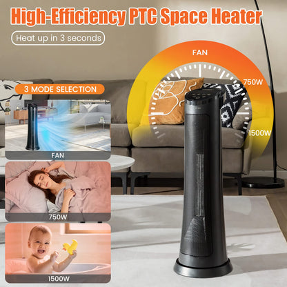 Space Heater for Indoor Use, 1500W PTC Ceramic Heater w/ 60° Oscillation, 3 Modes, 24H Timer