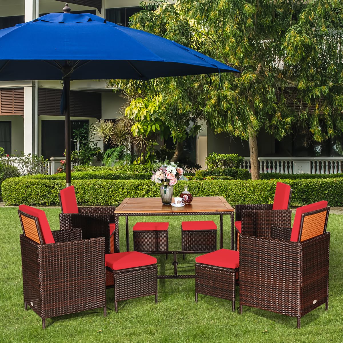 9PCS Patio Rattan Dining Set with Ottomans for Backyard Garden