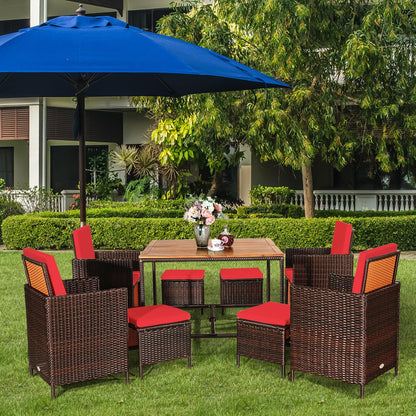 9PCS Patio Rattan Dining Set with Ottomans for Backyard Garden