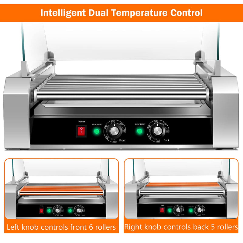 Hot Dog Roller Machine, 11 Non-Stick Rollers 30 Sausage Grill Cooker with Removable Stainless Steel Drip Tray