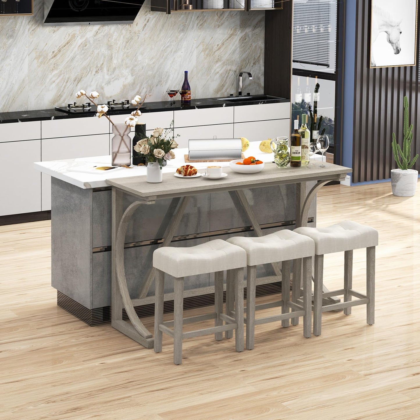 4 Piece Farmhouse Bar Table Set with Power Outlet for Kitchen