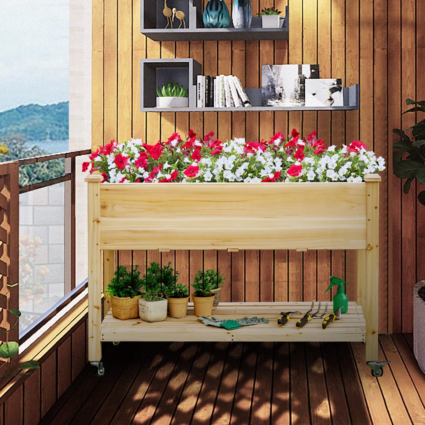 Raised Garden Bed with Wheels & Storage Shelf ( 47.5”L x 23.5”W x 33”H )