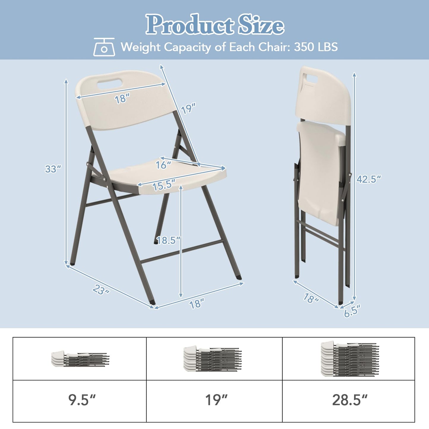 Stackable Plastic Folding Chairs w/Waterproof Seat 350 LBS Capacity Heavy-Duty Metal Frame