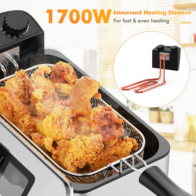 Deep Fryer with Basket, 3.2Qt Stainless Steel Electric Oil Fryer w/Adjustable Temperature, Timer