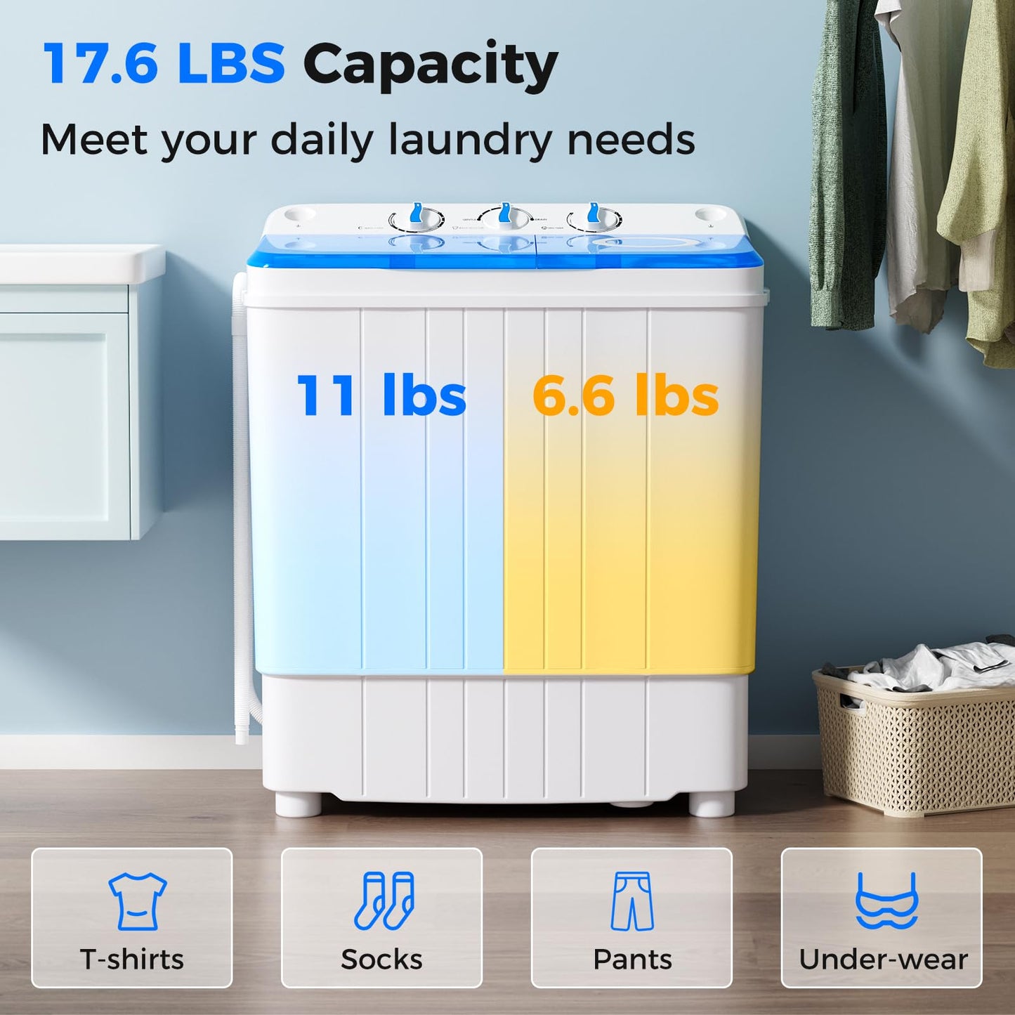 Portable Washing Machine, 17.6lbs Compact Portable Washer Twin Tub Combo with Pump Drain (Blue & White)