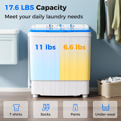 Portable Washing Machine, 17.6lbs Compact Portable Washer Twin Tub Combo with Pump Drain (Blue & White)