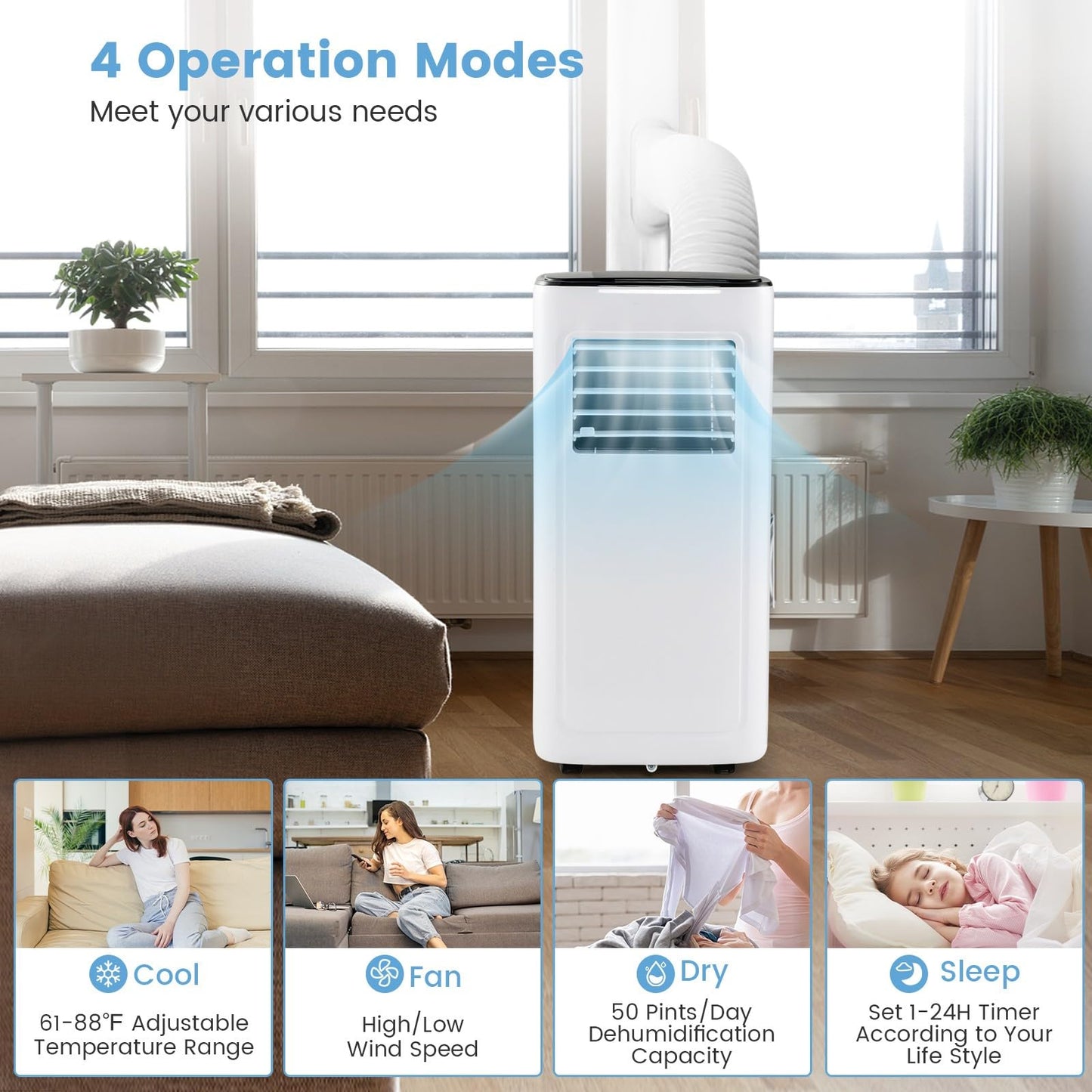 Portable Air Conditioners, 9000 BTU Cools up to 280 Sq. Ft 4-in-1 AC Unit for Bedroom