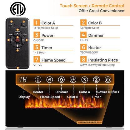 30-Inch Electric Fireplace, 750W/1500W Wall Recessed and Mounted Fireplace Insert with Remote Control