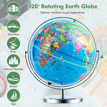 Illuminated World Globe 13” Desktop Geographic Globe w/LED Light & Easy-to-Read Clear Map for Students