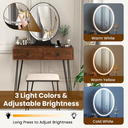 Makeup Dressing Table Set w/ 3 Color Lighting Modes & Adjustable Brightness