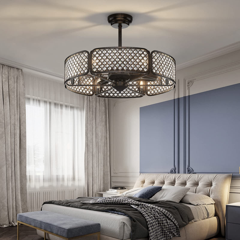 Caged Ceiling Fan with Light, 30 Inch Crystal Ceiling Fan with 6 Light Bases, 3 Fan Blades & Remote Control