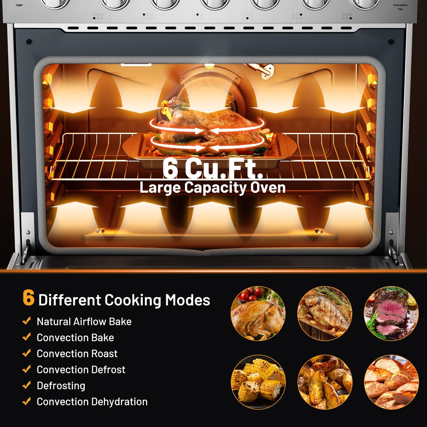 36 Inches Natural Gas Range, with 6 Burners Cooktop & 6 Cu.Ft. Convection Oven, Storage Drawer