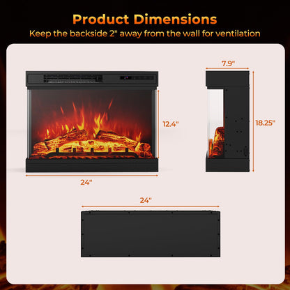 24 Inches 3-Sided Glass Electric Fireplace 750W/1500W Fireplace Heater with Remote Control