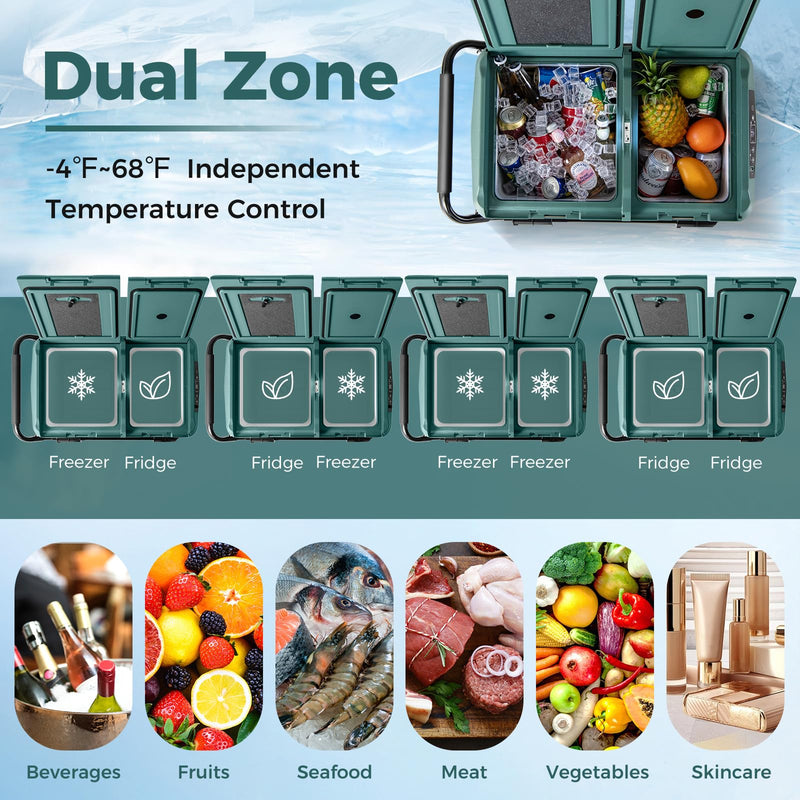 Car Refrigerator with Wheels, 42-Quart Dual-zone Dual-temperature Electric Cooler, 12V/24V DC, 100-240V AC, Green+Black
