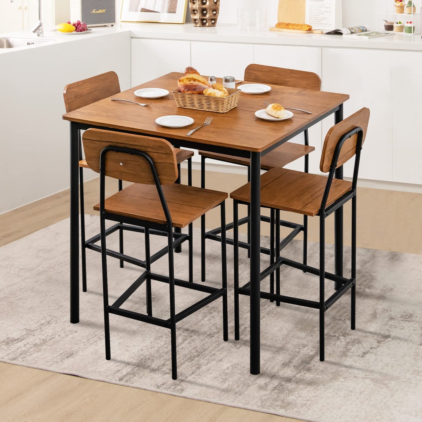 5 Piece Dining Table Set with 4 Bar Stools