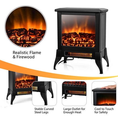 Electric Fireplace Heater Freestanding, 1400W Compact Fireplace Stove w/Realistic Flame Effect
