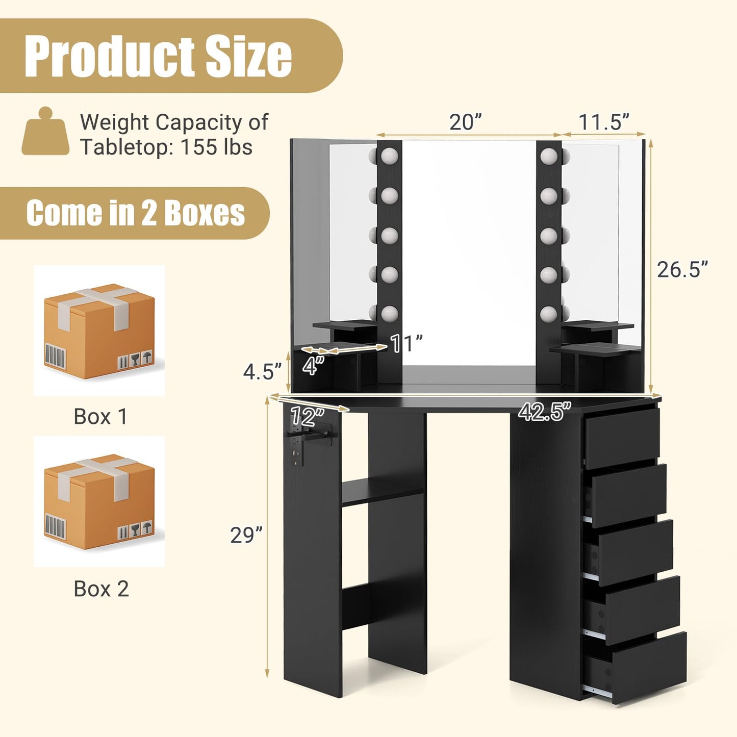 Corner Vanity Desk with Mirror and Lights for Women