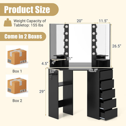 Corner Vanity Desk with Mirror and Lights for Women