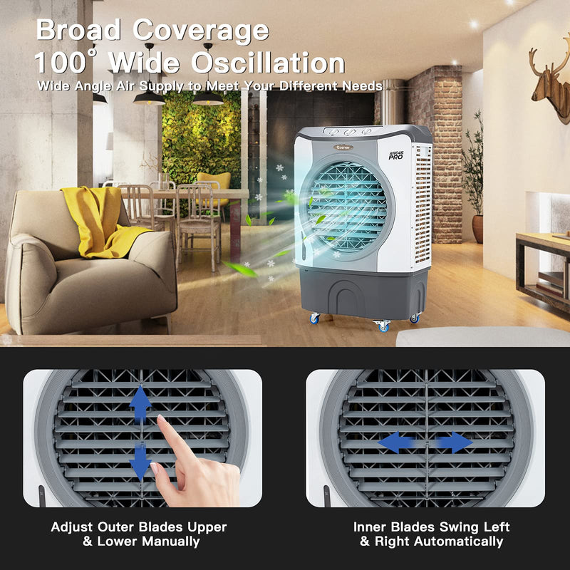 Evaporative Air Cooler, 4-in-1 9740 CFM Swamp Cooler with 100°Oscillation, 210W Cooling Fan