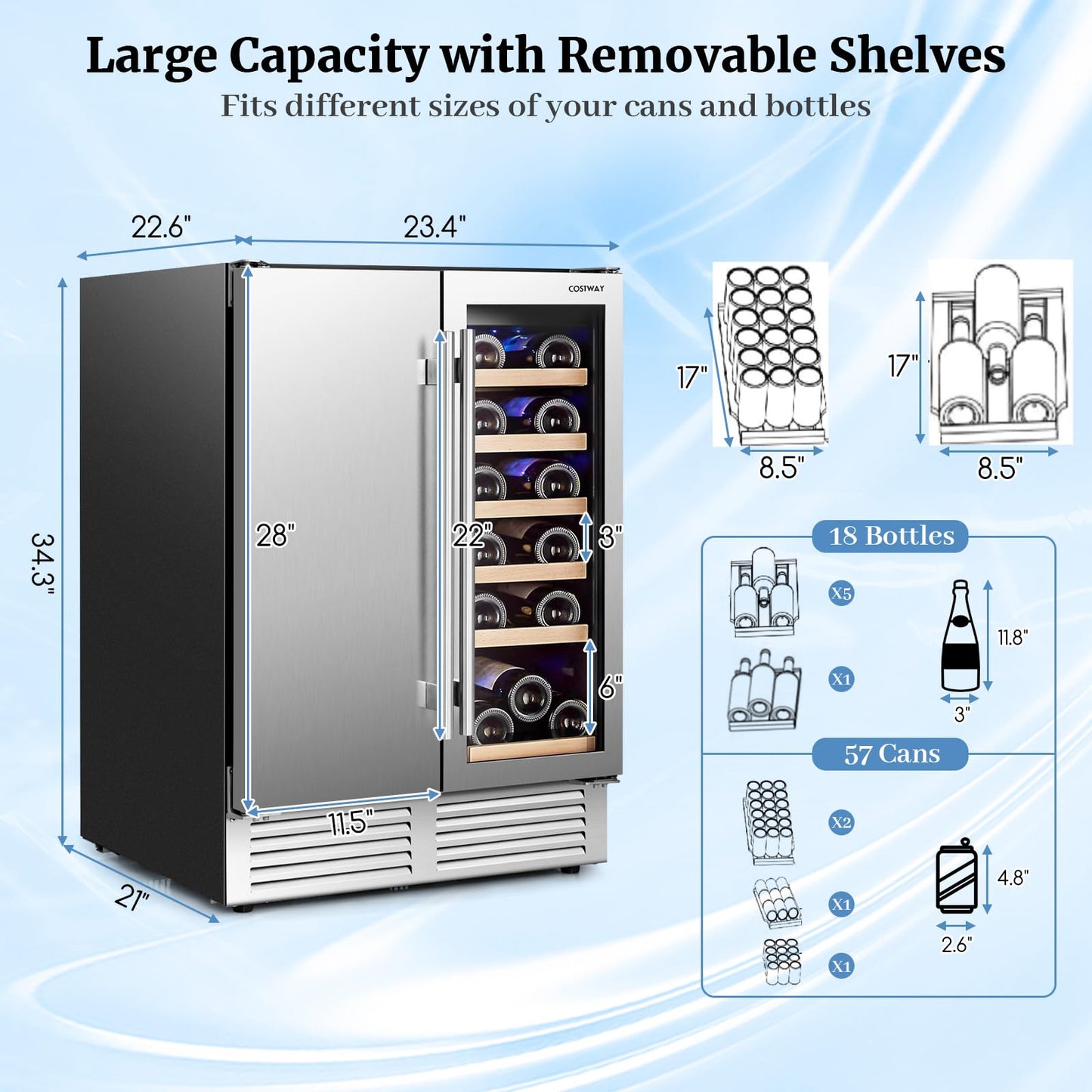 Wine and Beverage Refrigerator, 24 Inch Dual Zone Under Counter Wine Beverage Cooler with Lock